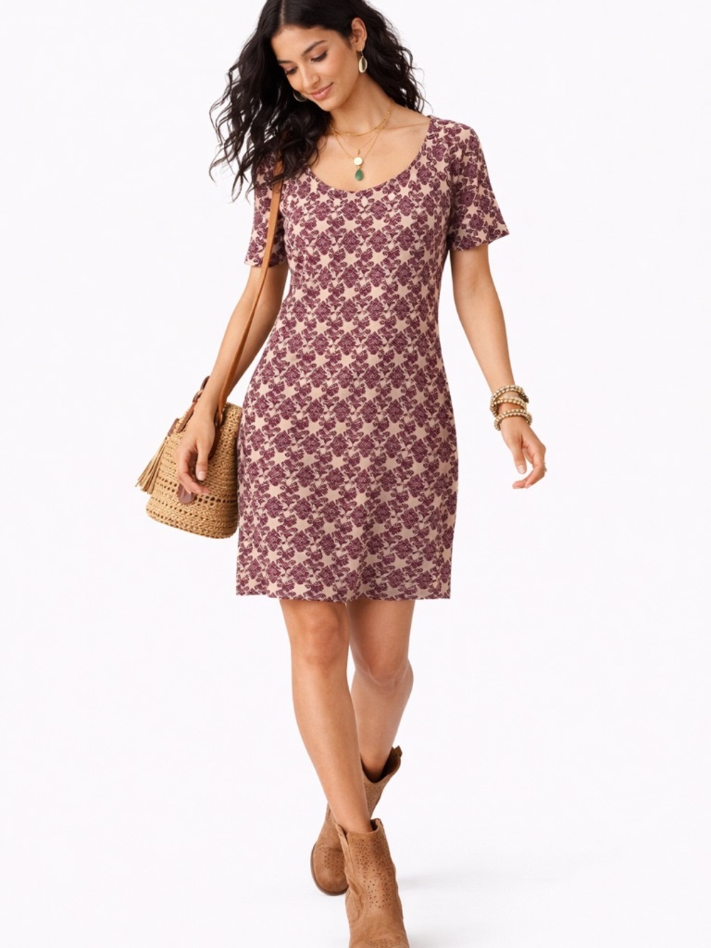 Floral Scoop Neck Short Sleeve Dress in‎ Mauve